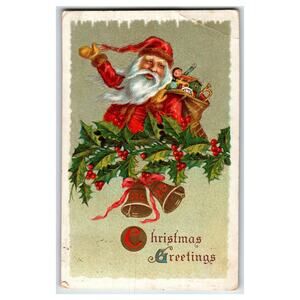 Vintage Santa Claus Christmas Postcard with Holly & Bells Dec 25